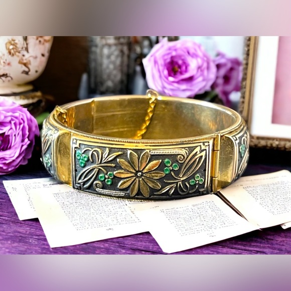 Vintage Damascene large chunky flower gold plated bangle - Picture 2 of 9